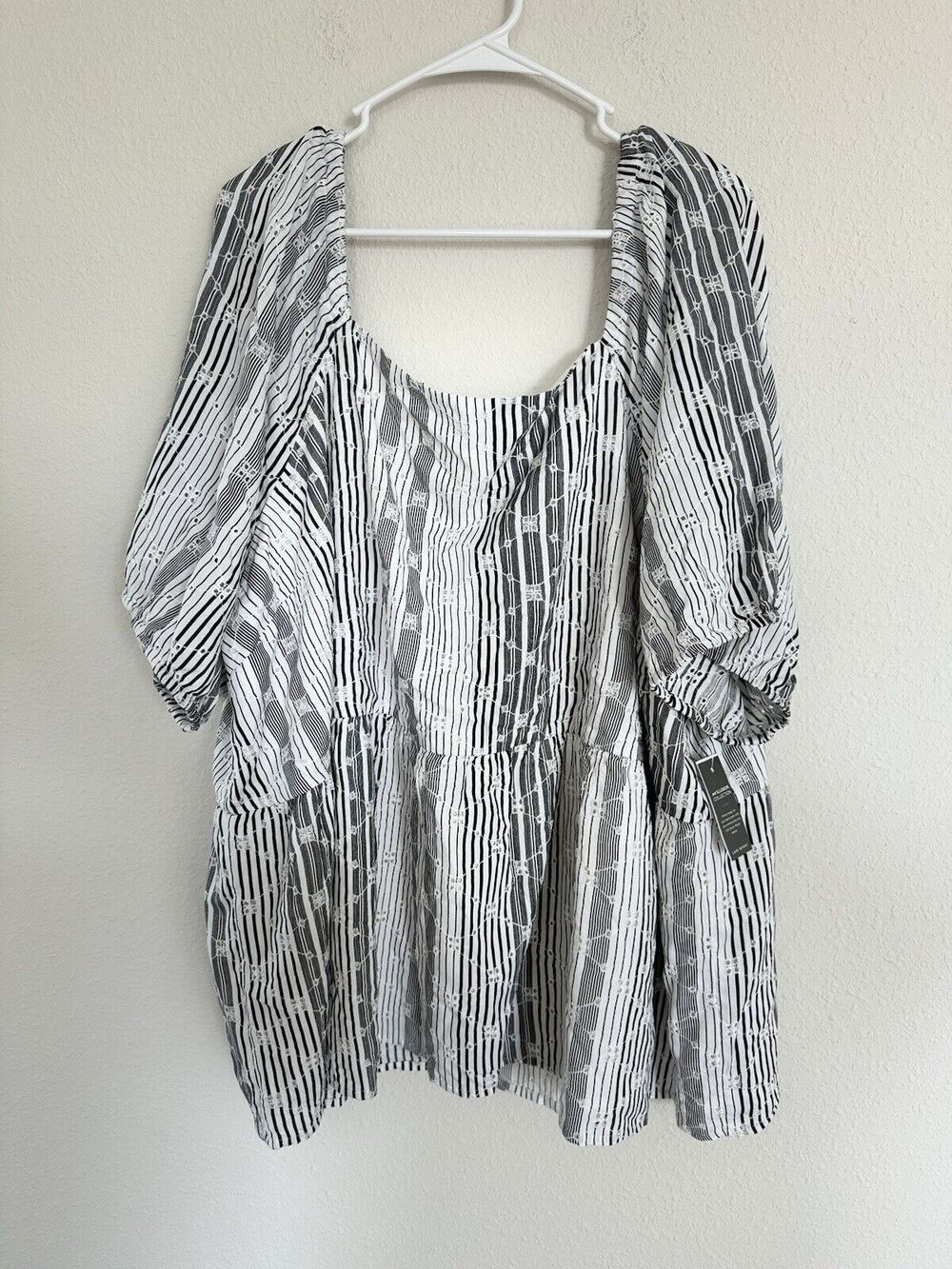 NWT Lane Bryant  Peplum Top Black White Stripe Eyelet Short Sleeve Size 28